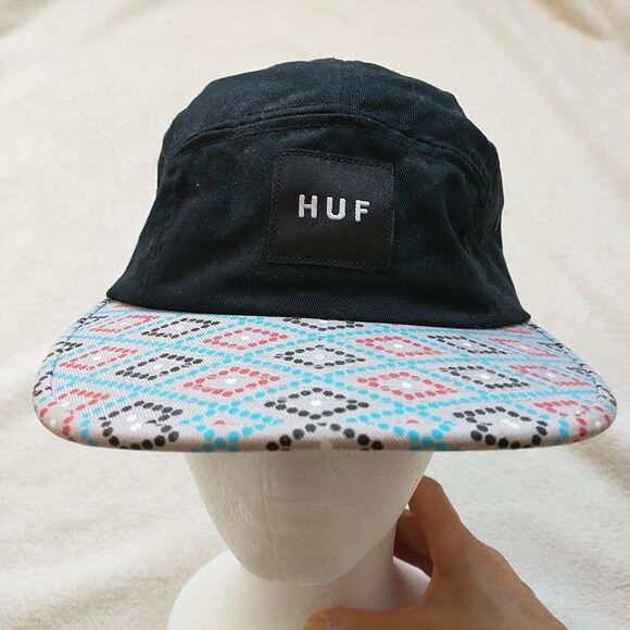 HUF Hex Volley Cap Hat Unisex OS Black Diamond Bill Cotton Logo Strap Back USA - Picture 2 of 12